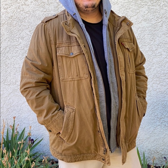 Levi's Shearling Sherpa Double Lined Hooded Neutral Military Utility Jacket XXLT - Picture 2 of 13